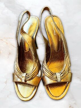 Bourne Gold Metallic Leather Crystal Slingback Heels Italy Size 38